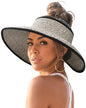 FURTALK Sun Hats for Women Wide Brim Beach Hat Straw Visor Ponytail Summer UV Packable Foldable Beach Vacation Essentials - color: Mix Khaki With Black