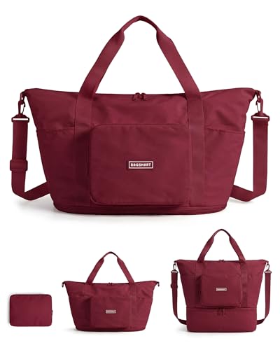 BAGSMART Foldable Travel Bag, 37L Expendable Personal Item Bag, Lightweight Weekender Bags for Women, Water Resistant Extra Carry on for Travel, Pomegranate Red - color: Pomegranate Red