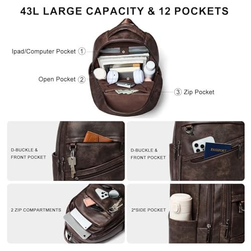 LATMAP Backpack for Women Men - Vegan Leather Backpack Purse Travel Carry-on Bag College Bookbag Work fits 16.5" Laptop, Coffee - color: Coffee