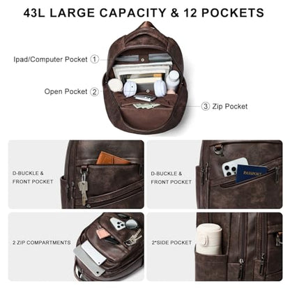 LATMAP Backpack for Women Men - Vegan Leather Backpack Purse Travel Carry-on Bag College Bookbag Work fits 16.5" Laptop, Coffee - color: Coffee