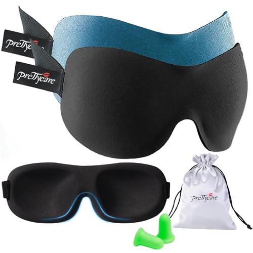 PrettyCare 3D Sleep Mask 2 Pack,Eye Mask for Side Sleeper 3D Contoured Sleeping Mask Blackout Out for Men- Blindfold Airplane with Ear Plugs, Night Masks with Travel Bag (Black&Blue) - color: A-black&blue