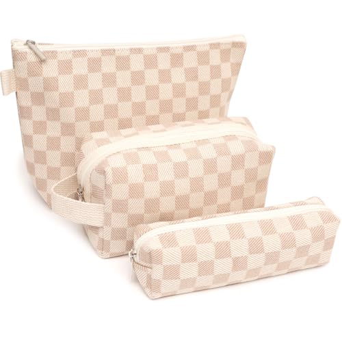 3 Pcs Canvas Makeup Bag Set Checkered Cosmetic Pouch for Women Travel Toiletry Bag Cute Makeup Organizer Purse Pouch Preppy Pencil Case with Zipper (Checkered Khaki) - color: Checkered Khaki
