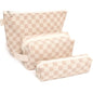 3 Pcs Canvas Makeup Bag Set Checkered Cosmetic Pouch for Women Travel Toiletry Bag Cute Makeup Organizer Purse Pouch Preppy Pencil Case with Zipper (Checkered Khaki) - color: Checkered Khaki
