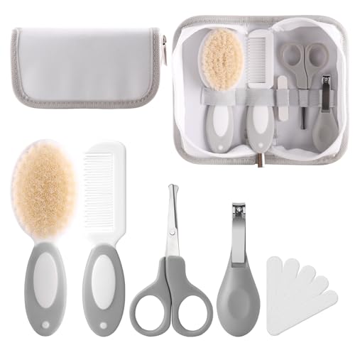 Baby Grooming Kit with Storage Pouch Baby Brush Soft Bristles 5 pcs-Infant Brush, Rounded Comb, Safety Scissors, Nail Clippers & Emery Board -Health Care Kit for Newborns & Toddlers Gray - color: 5pcs Gray 2