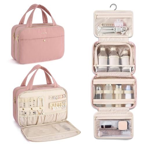 Hanke Hanging Travel Toiletry Bag for Women with Jewelry Organizer Compartment, Travel Essentials Toiletries and Makeup Bag, Water-Resistant & Stain-Resistant with Trolley Strap (Pink) - color: Pink