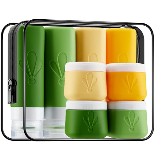 INSFIT travel bottles for toiletries 8 Pack, Leak proof Travel Size Toiletries Containers with toiletry bag, Squeezable Silicone Bottles & Cream Jars, Travel Essentials BPA-Free kit for Shampoo - color: 8Pack Green, size: 3oz,2oz