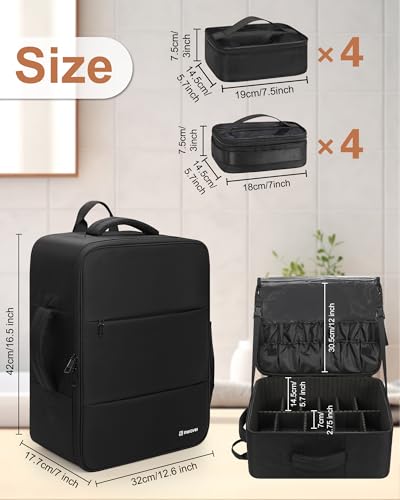Relavel Makeup Backpack Extra Large Travel Train Case Professional Makeup Artist Kit Set Bag with 8 Clear Bags, Brush Storage Organizer Box with Dividers for Cosmetic Hair Tools Barber Supplies - color: Black with extra 4 clear bags