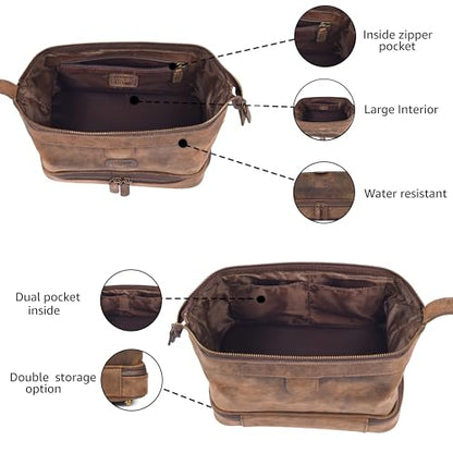 LEATHER VILLAGE Genuine Leather Dopp Kit – Large Travel Toiletry Bag with Waterproof Lining, Dual-Zip Design for Men & Women, Organizer for Shaving, Makeup & Essentials - Rustic Brown - color: Rustic Brown