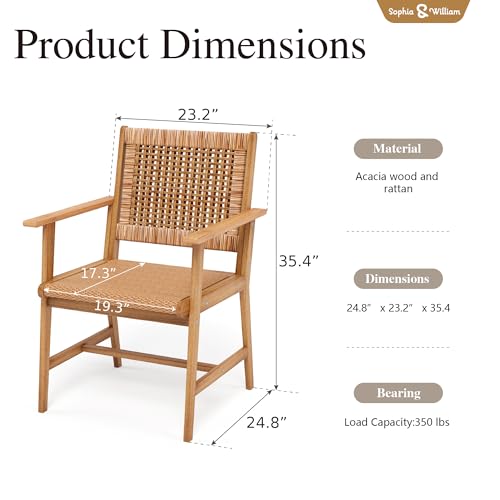 Sophia & William Patio Dining Chairs Outdoor 2 Pieces Hand Woven Wooden Rattan Armchair, Acacia Wood Outside Chair with Rattan Seat & Back for Porch Backyard Garden Balcony Set of 2 - size: 2 Seats