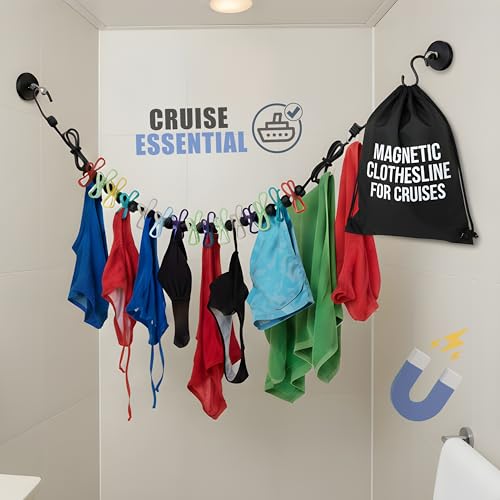 Magnetic Clothesline for Cruise Staterooms – Cabin Approved Travel Clothes Line with Non-Scratch Magnets – Portable Laundry Drying Rope, Cruise Accessories and Essentials