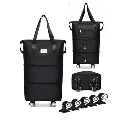 Expandable Foldable Duffel Bag with Detachable Wheels, 64L Large Capacity Rolling Travel Duffle Bag, Lightweight Carry on Luggage with Spinner Wheels, Weekend Gym Tote Bag (Black) - color: Black