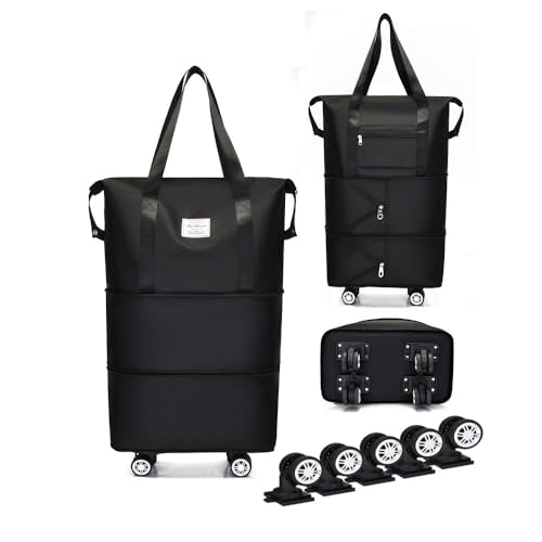 Expandable Foldable Duffel Bag with Detachable Wheels, 64L Large Capacity Rolling Travel Duffle Bag, Lightweight Carry on Luggage with Spinner Wheels, Weekend Gym Tote Bag (Black) - color: Black