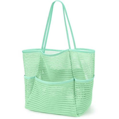 KPX Beach Bag with Mini Pocket, Summer Beach Tote Bags for Women Large Foldable Mesh Swimming Pool Travel Bags - Sandproof - color: Mint