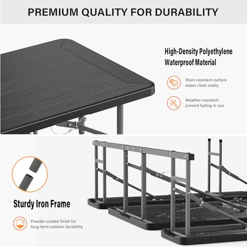 VINGLI Folding Picnic Table and Bench Set, Portable Outdoor Dining Furniture for Camping, Patio, Backyard, Wood Grain Plastic Top with Metal Frame with Kaqi Umbrella - color: Black, style: Standard