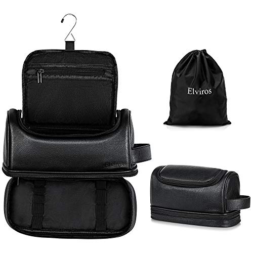 Elviros Toiletry Bag for Mens PU Leather Travel Organizer Kit with Hanging hook, Large Water-resistant Toiletries Bathroom Shaving Bags(Extra Large, Black) - color: Black, size: Extra Large (Pack of 1)