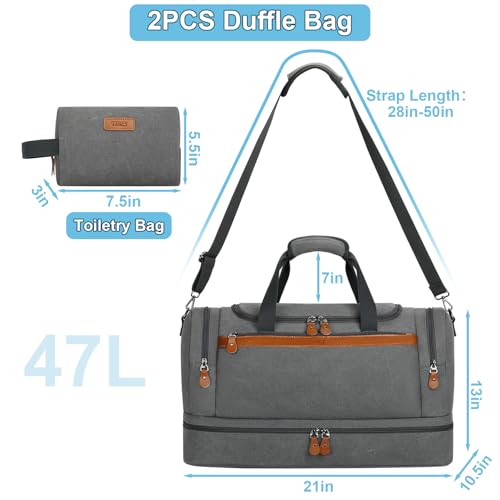 Duffle Bag for Travel, Expandable 50L Canvas Weekender Bag, Overnight Bag Travel Duffel Bag for Men Carry On Luggage with Removable Shoulder Strap, Durable & Water-Resistant - color: 1-Grey