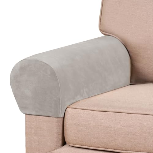 PrinceDeco 2 Pack Thick Velvet Stretch Armrest Covers for Chairs and Sofas Armchair Covers for Arms Couch Arm Covers Armrest Covers for Sofa Non Slip, Oatmeal - color: Oatmeal