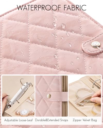 VLANDO Travel Jewelry Organizer Case,Jewelry Storage Book Ring Binder with Clear Zipper Velvet Pouch Bag for Travel Essentials,Rings,Necklace,Earrings,Bracelets,Brooches,Gifts for Women-Sand Pink - color: 06.Sand Pink