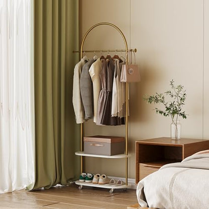 Gold Clothing Rack,Freestanding Coat Rack with Faux Marble shevles,Modem Arch Gold Garment Rack with shoes rack for Small Spaces,Bedroom, Entryway