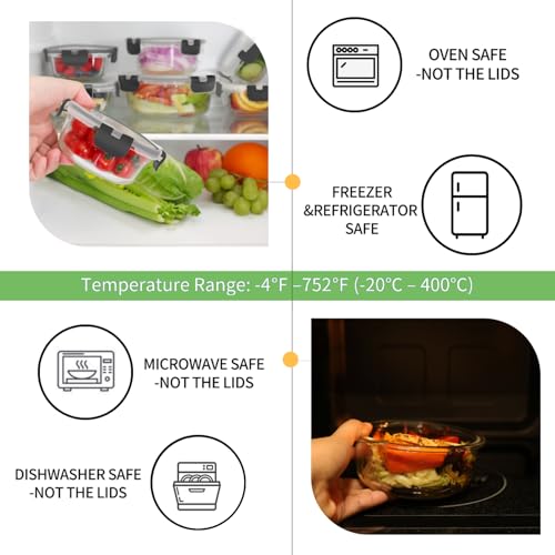 HOMBERKING 18 Piece Glass Food Storage Containers with Lids, Glass Meal Prep Containers, Airtight Lunch Bento Boxes, BPA-Free & Leak Proof, Oven, Freezer and Dishwasher Safe (9 lids & 9 Containers) - color: Black