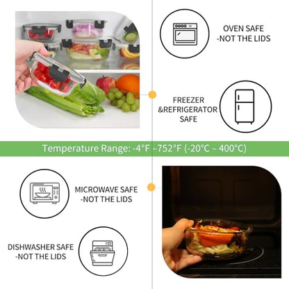 HOMBERKING 18 Piece Glass Food Storage Containers with Lids, Glass Meal Prep Containers, Airtight Lunch Bento Boxes, BPA-Free & Leak Proof, Oven, Freezer and Dishwasher Safe (9 lids & 9 Containers) - color: Black