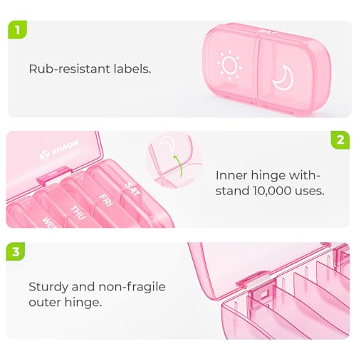 AUVON XL Weekly Pill Organizer 2 Times a Day, Pill Box 7 Day with One-Side Large Openings for Easy to Use, Sakura Pink AM PM Pill Case for Medication, Vitamins, Fish Oils, Supplements - color: Sakura Pink