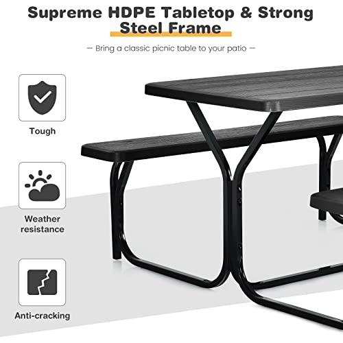 COSTWAY Outdoor Picnic Table, HDPE Plastic Picnic Table Bench Set with Weather Resistant Tabletop & Wood Texture, Ideal for Patio, Backyard (59" D x 54" W x 28.5" H,Black) - color: Black