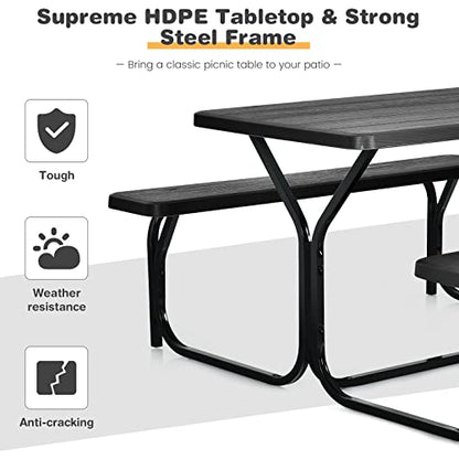 COSTWAY Outdoor Picnic Table, HDPE Plastic Picnic Table Bench Set with Weather Resistant Tabletop & Wood Texture, Ideal for Patio, Backyard (59" D x 54" W x 28.5" H,Black) - color: Black