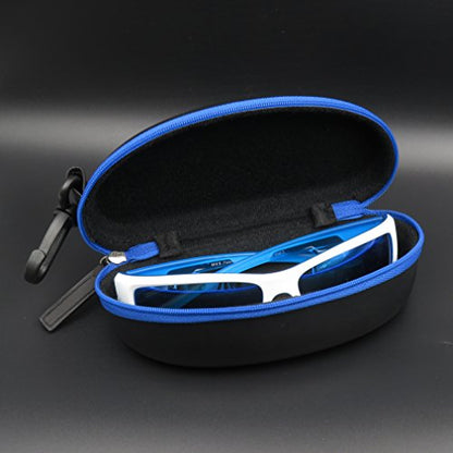 MyEyeglassCase Sports Sunglasses Case and Slim wallet Semi hard large glasses case w/belt clip soft pouch & cloth - color: B15hc Black/Blue