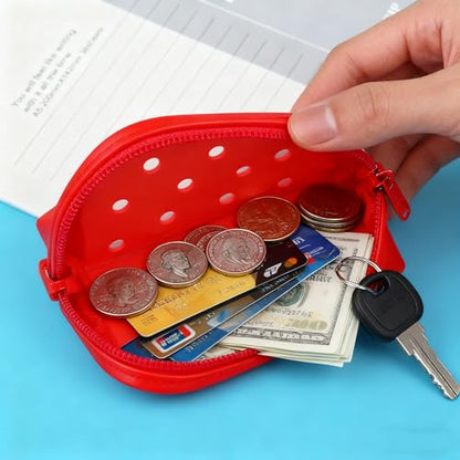 Soft Silicone Mini Coin Purse with Zipper and Cartoon Hole,with 15 pcs DIY Charms. Portable Keychain Pouch Organizer (Red) - color: Red