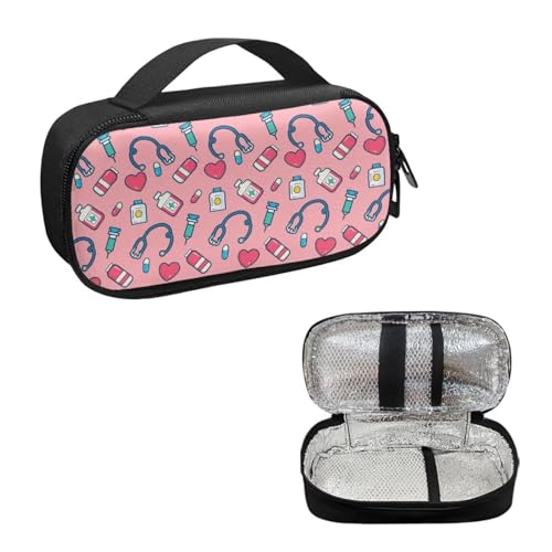 Pink Stethoscope Print Insulin Cooler Travel Case Portable Zipper Diabetic Care Organizers, Insulin Storage Bag for Women Men Diabetic Supplies Organizer for Trip and Daily Use - color: Pink Stethoscope Print