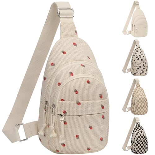 ELONGRIVER Corduroy Small Crossbody Bags for Women Teen Girls Trendy, Cute Sling Bag for Girls Travel Hiking, Beige Strawberry - color: Beige Strawberry