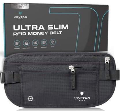 Travel Money Belt & Passport Holder - RFID Blocking Slim Travel Wallet & Fanny Pack for Men and Women - Essential Travel Pouch for Cash, Credit Cards, and Documents - color: Black