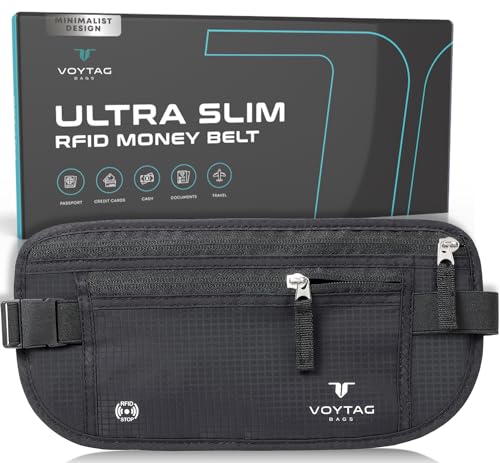 Travel Money Belt & Passport Holder - RFID Blocking Slim Travel Wallet & Fanny Pack for Men and Women - Essential Travel Pouch for Cash, Credit Cards, and Documents - color: Black