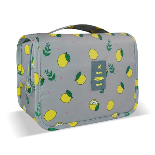Lcsmaokin Large Capacity Toiletry Bag Travel Bag with Hanging Hook for Men and Women Waterproof Travel Cosmetic Bag Bathroom Storage Bag for Brushes Set,Full-Sized Shampoo,Accessories-Grey Lemon - color: C-Lemon Grey