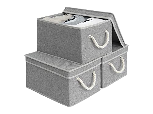 StorageWorks Storage Bins with Lids, Decorative Storage Boxes with Lid and Soft Rope Handles, Foldable Storage Baskets for Closet, Shelves, Stackable, 3-Pack, Gray, Large - color: Gray, size: Large