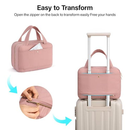 Hanke Hanging Travel Toiletry Bag for Women with Jewelry Organizer Compartment, Travel Essentials Toiletries and Makeup Bag, Water-Resistant & Stain-Resistant with Trolley Strap (Pink) - color: Pink