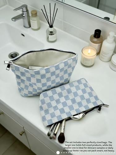 2-Pack Blue & White Checkered Makeup Bag Set - Large Capacity Cosmetic Organizer Pouch | Travel Toiletry Bag & Purse Organizer for Women Girls - color: C01-LANGEZI