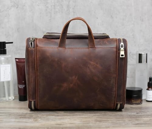 Toiletry Bag for Men Women, Travel Hanging Dopp Kit Organizer, Full Grain Leather Large Shaving Cosmetic Essentials, Gifts for Husband/Dad/Business Traveler, Fits Most Standard Bathroom Toiletries - color: DarkBrown
