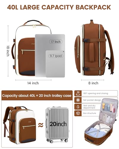 LOVEVOOK 40L Travel Backpack for Women & Men, Airline Approved Carry On Luggage with 3 Packing Cubes, TSA Overnight Bags, Waterproof Personal Item Bag, Weekender Essentials Backpacks fits 17" Laptop - color: Brown-beige-black, size: Large