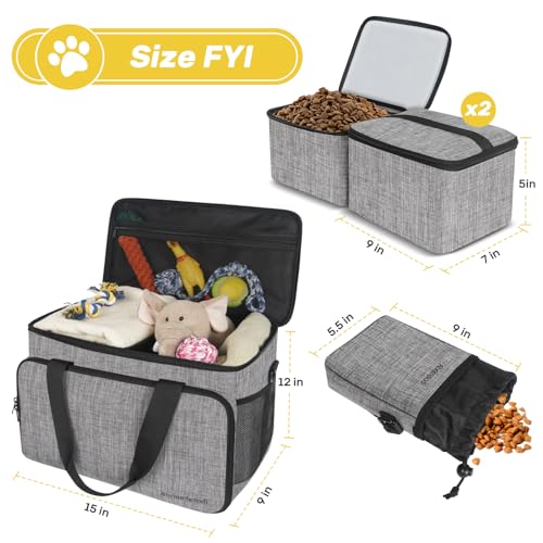 6 Set Dog Travel Bag, Large Pet Travel Kit for Supplies Includes 2 Food Containers, 1 Pet Organizer for Dogs, 2 Collapsible Bowls, 1 Treat Pouch, Dog Weekend Overnight Bag Luggage - color: Grey