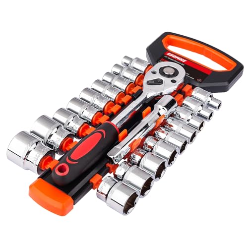 Egofine 20pcs 1/2 Inch Ratchet Socket Wrench Set, Drive Socket Set with 18 Sockets, 8-22mm,24mm,27mm,30mm sockets and 2 Way Quick Released Ratchet Handle and Extension Bar - size: 1/2, style: 20PC Standard Socket Set