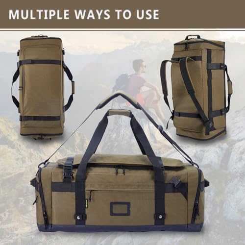 Large Duffle Bag for Travel - Men & Women, Foldable Gym Duffle Backpack, Heavy Duty Tactical Military Canvas Duffel Bags, Extra Big Carry On with Shoe Pockets, Waterproof (80L/103L) - color: Brown, size: M(80L)
