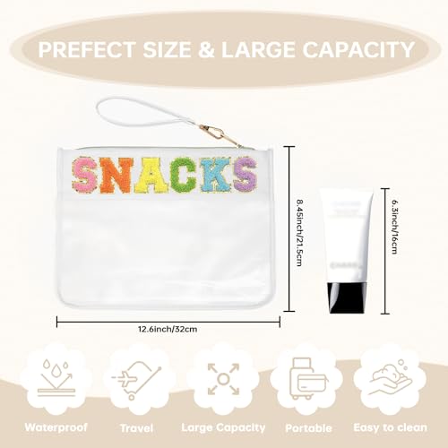 Snack Bag Clear Chenille Varsity Letter Zipper Pouch for Travel Nylon Clear Cosmetic Bag Makeup Travel Bag for Women (White-Snacks) - color: BS-SNACKS