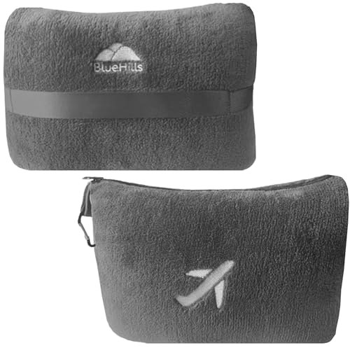 BlueHills Travel Blanket Pillow in Mini Soft Case Premium Plush Airplane Blanket Soft Bag Compact Pack with Luggage Belt and Backpack Clip Small Lightweight Traveling Plane Essentials - Grey Gray M01 - color: Gray-m01