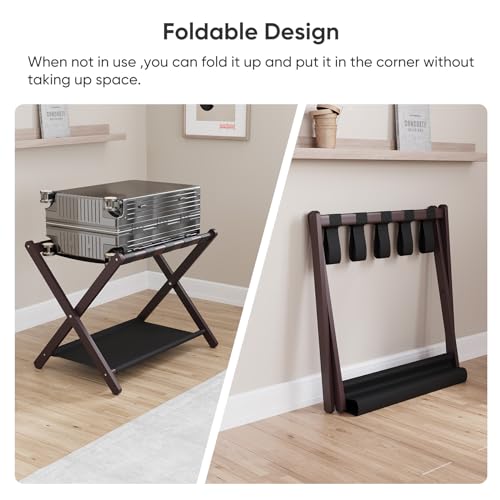 Smuxee Brown Bamboo Luggage Rack Pack of 2, Foldable Suitcase Stand with Storage Shelf, Easily Assembled Luggage Stand with 5 Nylon Straps for Guest Room Bedroom Hotel - color: Brown 2PCS