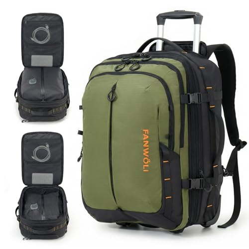 Fanwoli Rolling Vacuum Backpack Travel with One-Button Compression, 55L Expandable, Water Resistant Carry-On Suitcase Luggage, Ideal for Outdoor/Family/Trips - color: Green