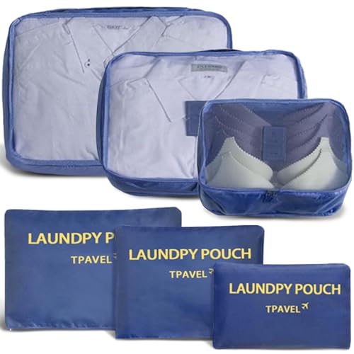6 Set Packing Cubes for Travel Luggage Packing Bags Reusable Waterproof Suitcase Organizer Bags Set with Shoe Bag and Toiletry Bag (Navy Blue) - color: Navy Blue