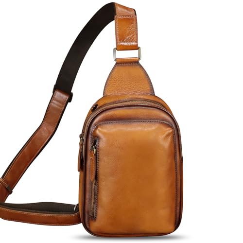 Genuine Leather Small Sling Bag for Women and Men Crossbody Bag Chest Bag Sling Backpack Purses for Hiking Sports Travel - color: Brown