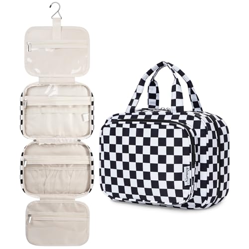 Narwey Hanging Toiletry Bag for Women Travel Makeup Bag Organizer Toiletries Bag for Travel Size Essentials Accessories Cosmetics (Black Checkerboard (Medium)) - color: B-Black Checkerboard, style: Medium